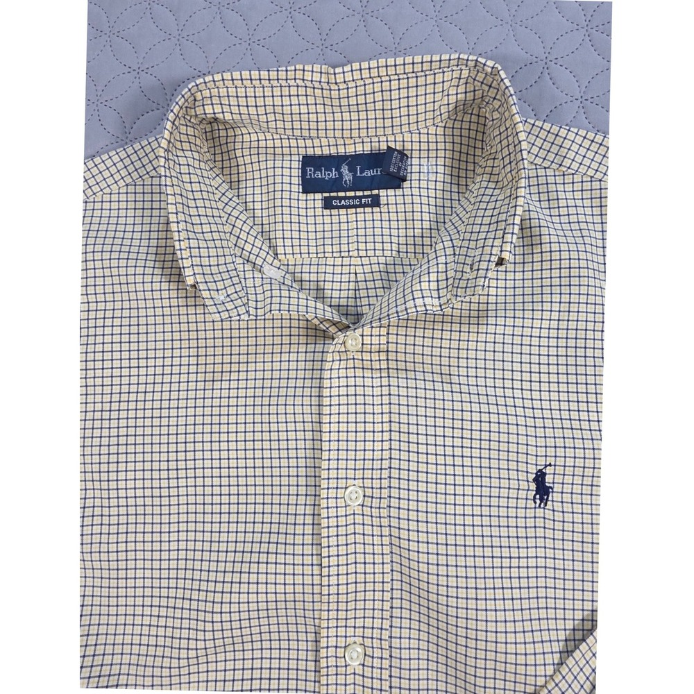 Ralph Lauren Mens Classic Fit Button Down Shirt Yellow Navy Check Cotton Large